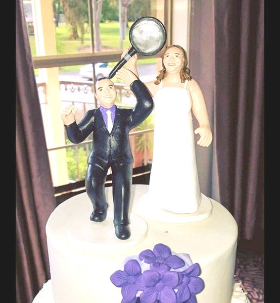 Funny Unique Humourous Realistic Custom Sports Wedding Cake Topper Bride hitting groom with frypan