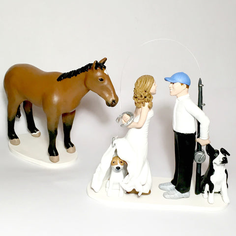 Wedding Cake Topper Custom Realistic Handmade Polymer Clay keepsake with Pets Dogs Horse Bride and Groom Portrait Personalised personalized