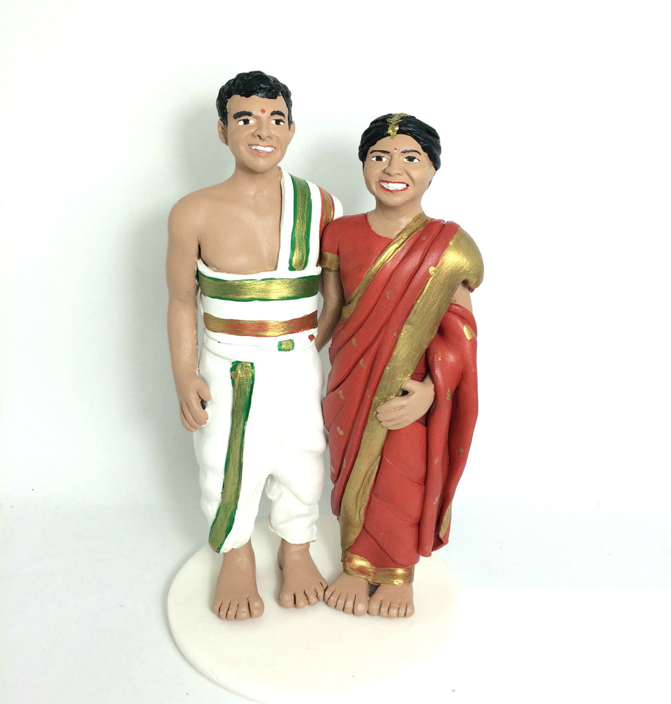 Wedding Cake Topper Custom Realistic Handmade Polymer Clay keepsake with Pets Dogs Horse Bride and Groom Portrait Personalised personalized Traditional Attire Indian Sari