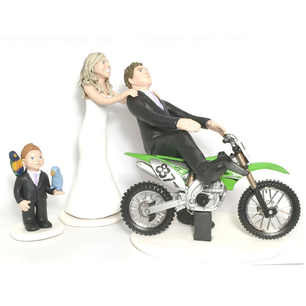 Wedding Cake Topper Custom Realistic Handmade Polymer Clay keepsake with motorbike motorcycle dirtbike bicycle Bride and Groom Portrait Personalised personalized