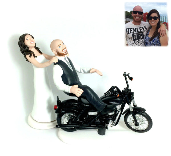 Funny Unique Humourous Realistic Custom Sports Wedding Cake Topper Bride pulling Groom off motorbike mototrcycle dirtbike