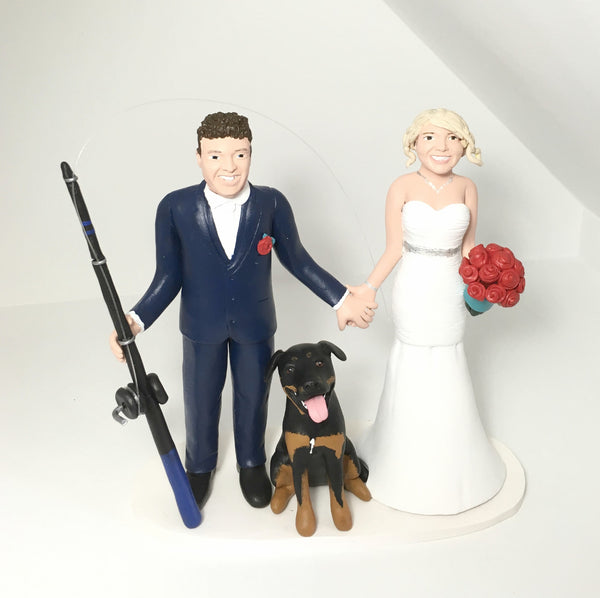 Wedding Cake Topper Custom Realistic Handmade Polymer Clay keepsake with motorbike motorcycle dirtbike bicycle Bride and Groom Portrait Personalised personalized funny humourour unique pets fishing
