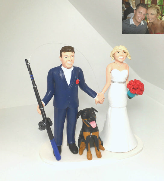 Wedding Cake Topper Custom Realistic Handmade Polymer Clay keepsake with motorbike motorcycle dirtbike bicycle Bride and Groom Portrait Personalised personalized funny humourour unique pets fishing