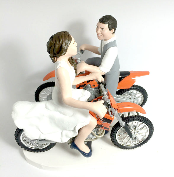 Wedding Cake Topper Custom Realistic Handmade Polymer Clay keepsake with motorbike motorcycle dirtbike bicycle Bride and Groom Portrait Personalised personalized funny humourour unique