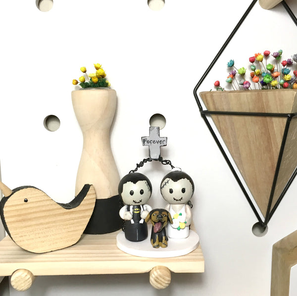 Peg Doll Custom Cake Topper Wedding Bride and Groom Wooden Character Zombie Pets Dog