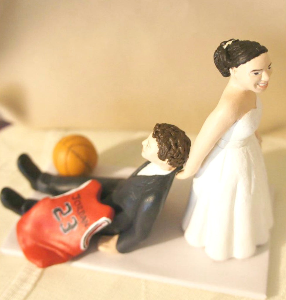 Funny Unique Humourous Realistic Custom Sports Wedding Cake Topper Bride Pulling Groom
