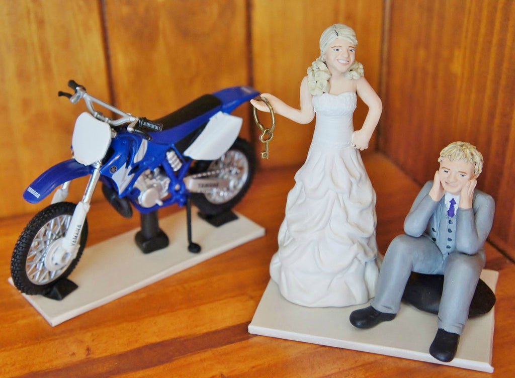 Wedding Cake Topper Custom Realistic Handmade Polymer Clay keepsake with motorbike motorcycle dirtbike bicycle Bride and Groom Portrait Personalised personalized