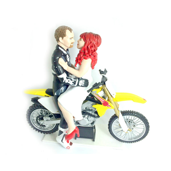 Wedding Cake Topper Custom Realistic Handmade Polymer Clay keepsake with motorbike motorcycle dirtbike bicycle Bride and Groom Portrait Personalised personalized funny humourous Unique