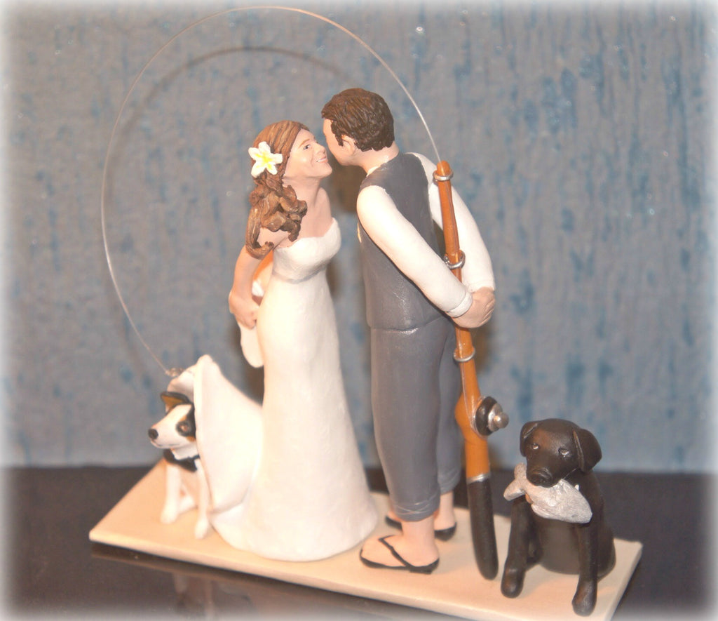 Wedding Cake Topper Custom Realistic Handmade Polymer Clay keepsake with motorbike motorcycle dirtbike bicycle Bride and Groom Portrait Personalised personalized funny humourour unique pets fishing