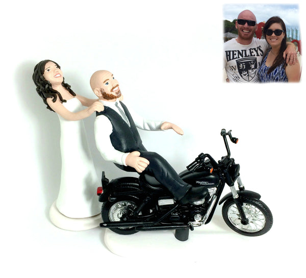 Wedding Cake Topper Custom Realistic Handmade Polymer Clay keepsake with motorbike motorcycle dirtbike bicycle Bride and Groom Portrait Personalised personalized funny humourour unique