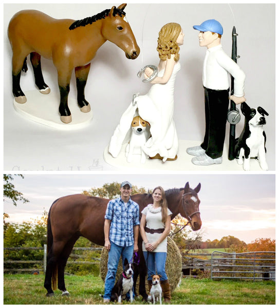 Wedding Cake Topper Custom Realistic Handmade Polymer Clay keepsake with Pets Dogs Horse Bride and Groom Portrait Personalised personalized