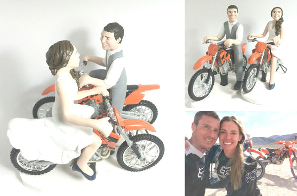 Wedding Cake Topper Custom Realistic Handmade Polymer Clay keepsake with motorbike motorcycle dirtbike bicycle Bride and Groom Portrait Personalised personalized funny humourour unique
